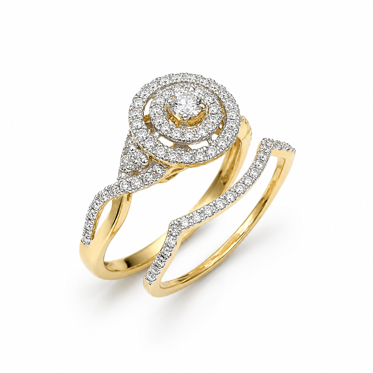 10ct Yellow Gold 0.75ct Natural Diamond Double Halo 2-Piece Bridal Set Ring Sterling Silver Chains 10ct Yellow Gold 0.75ct Natural Diamond Double Halo 2-Piece Bridal Set Ring Sterling Silver Chains