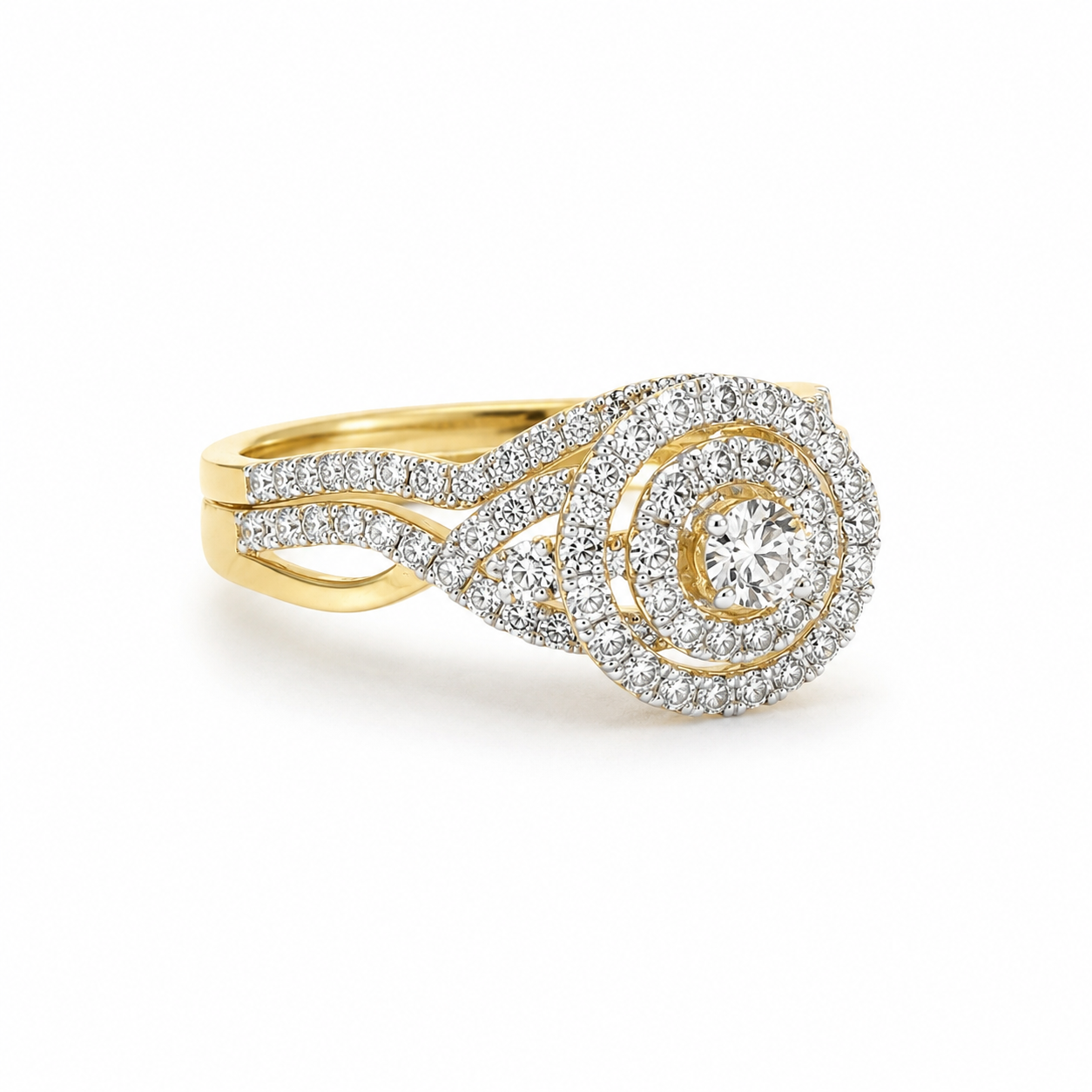 10ct Yellow Gold 0.75ct Natural Diamond Double Halo 2-Piece Bridal Set Ring Sterling Silver Chains 10ct Yellow Gold 0.75ct Natural Diamond Double Halo 2-Piece Bridal Set Ring Sterling Silver Chains