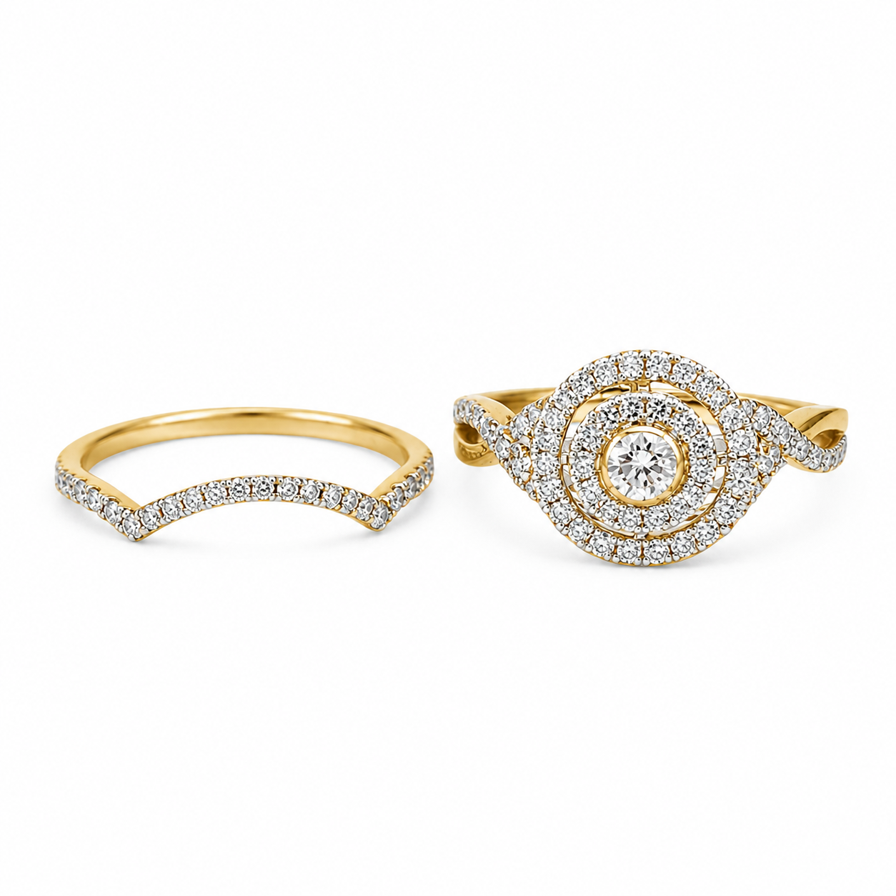 10ct Yellow Gold 0.75ct Natural Diamond Double Halo 2-Piece Bridal Set Ring Sterling Silver Chains 10ct Yellow Gold 0.75ct Natural Diamond Double Halo 2-Piece Bridal Set Ring Sterling Silver Chains