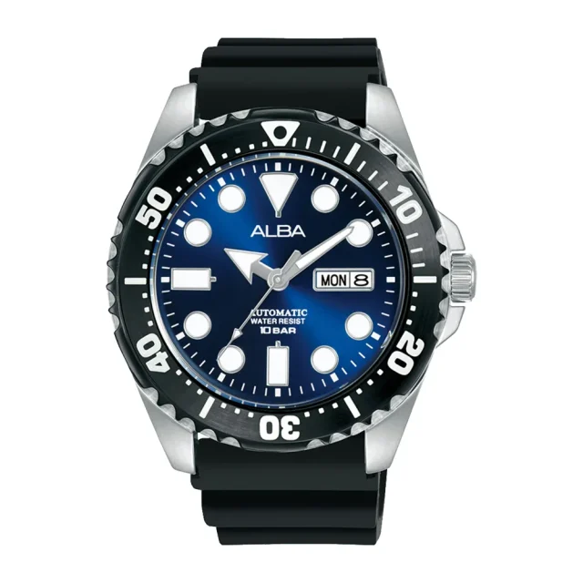 Alba Automatic Men's Divers 100M WR Blue Dial Stainless Steel Case Black Silicone Strap Watch - AL4493X1