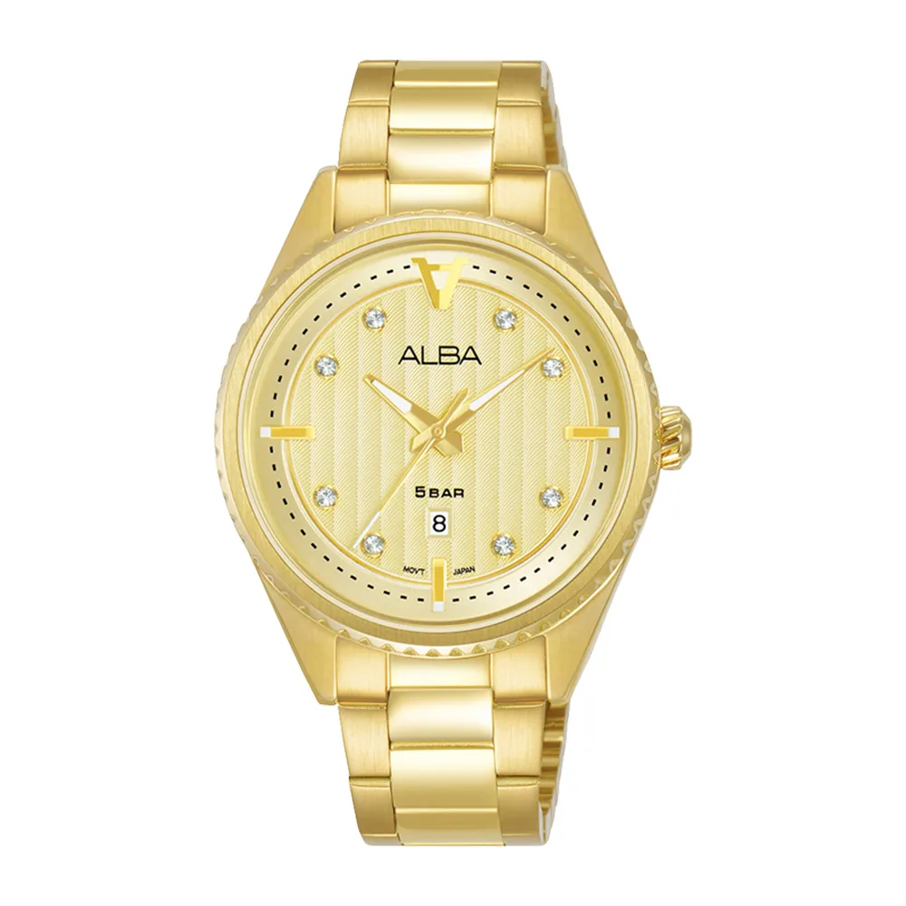 Alba Ladies Quartz 50M WR Dress Watch Champagne Dial Gold Case & Stainless Steel Strap - AH7AJ4X1