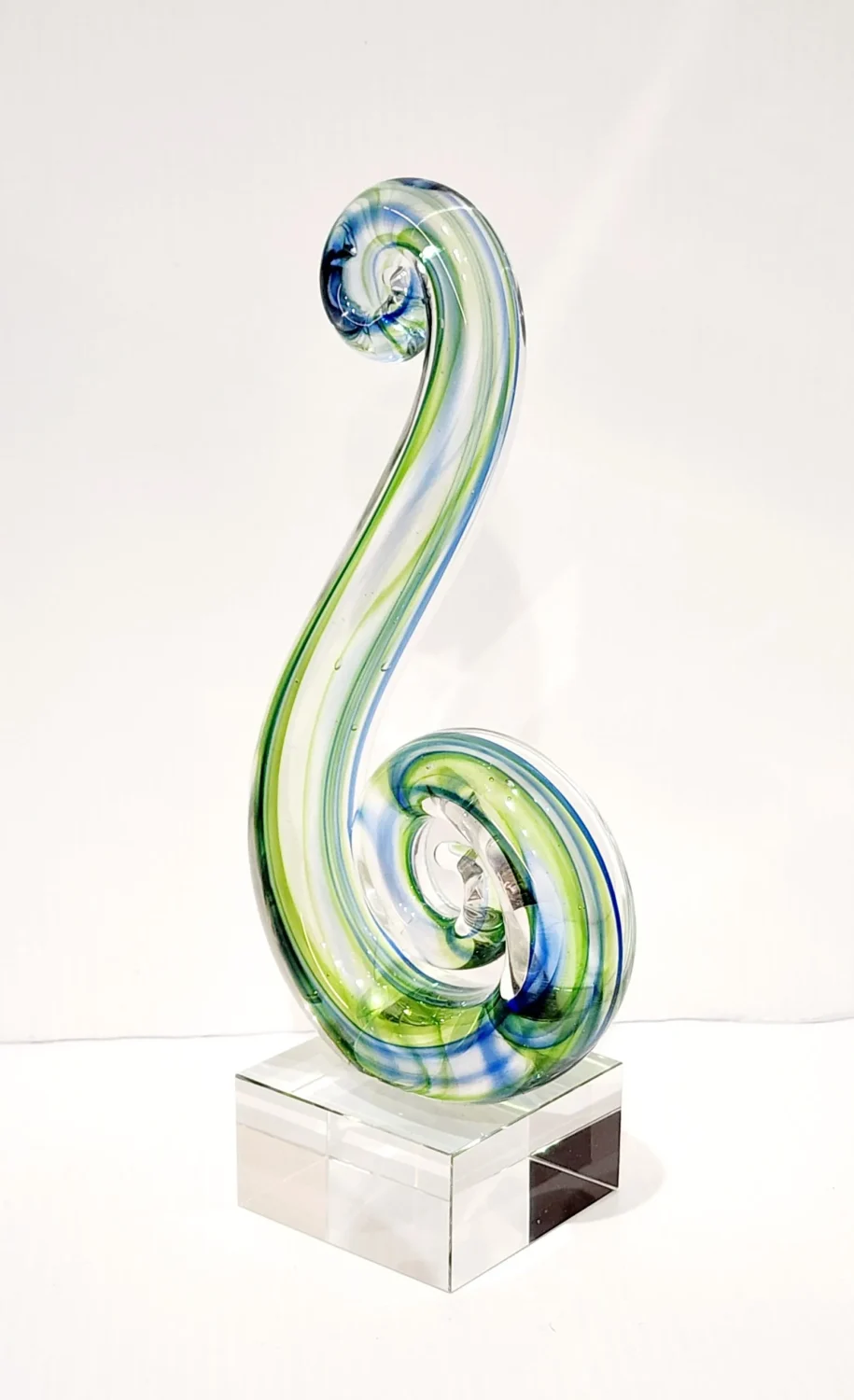 Beautiful Maori Design Double Koru Green & Blue Glass Award / Trophy - 180mm High