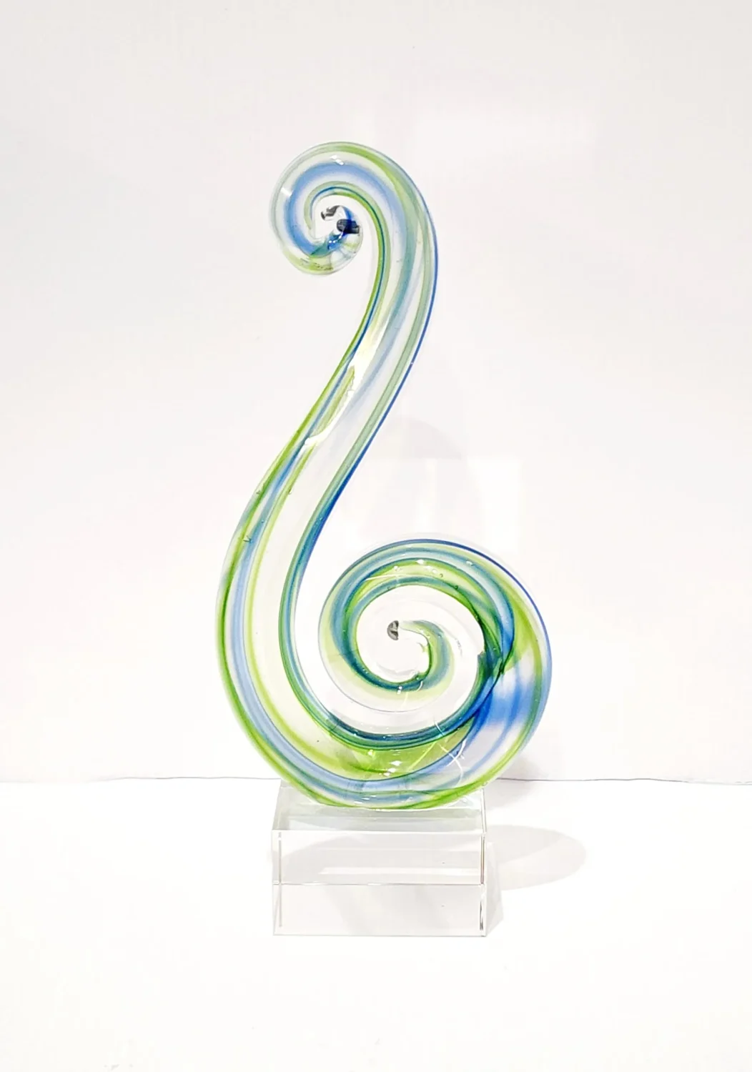 Beautiful Maori Design Double Koru Green & Blue Glass Award / Trophy - 180mm High