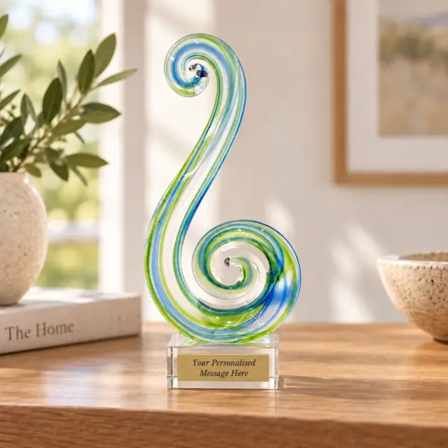 Beautiful Maori Design Double Koru Green & Blue Glass Award / Trophy - 180mm High