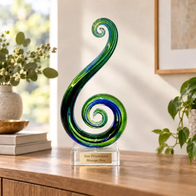 Beautiful Maori Design Double Koru Green & Blue Glass Award / Trophy - 310mm High