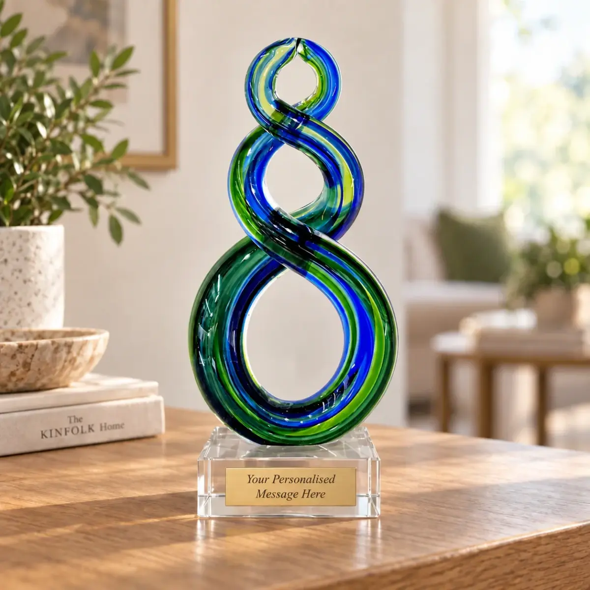 Beautiful Maori Design Double Twist Green & Blue Glass Award / Trophy - 185mm High