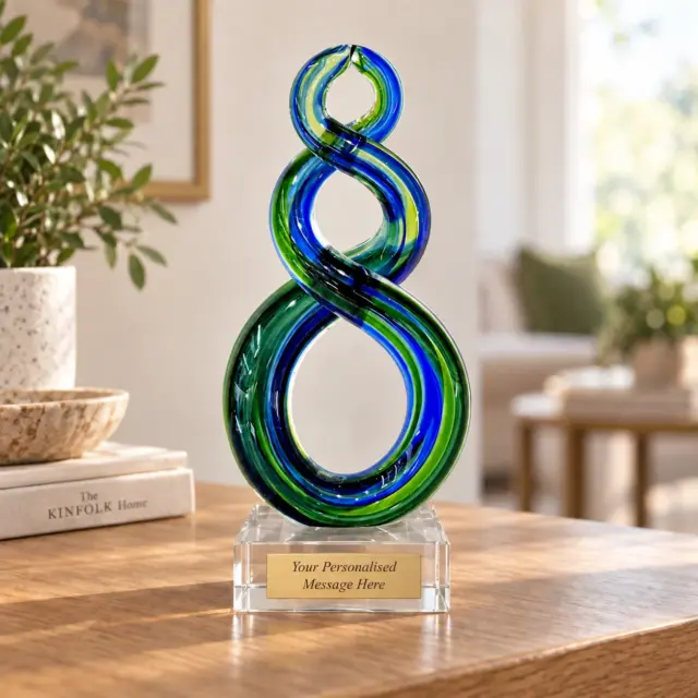 Beautiful Maori Design Double Twist Green & Blue Glass Award / Trophy - 185mm High