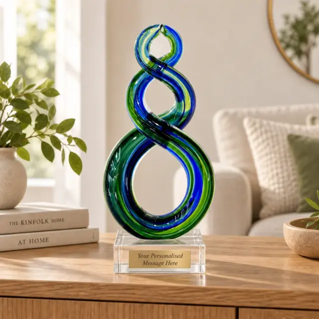 Beautiful Maori Design Double Twist Green & Blue Glass Award / Trophy - 250mm High