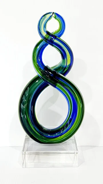 Beautiful Maori Design Double Twist Green & Blue Glass Award / Trophy - 185mm High