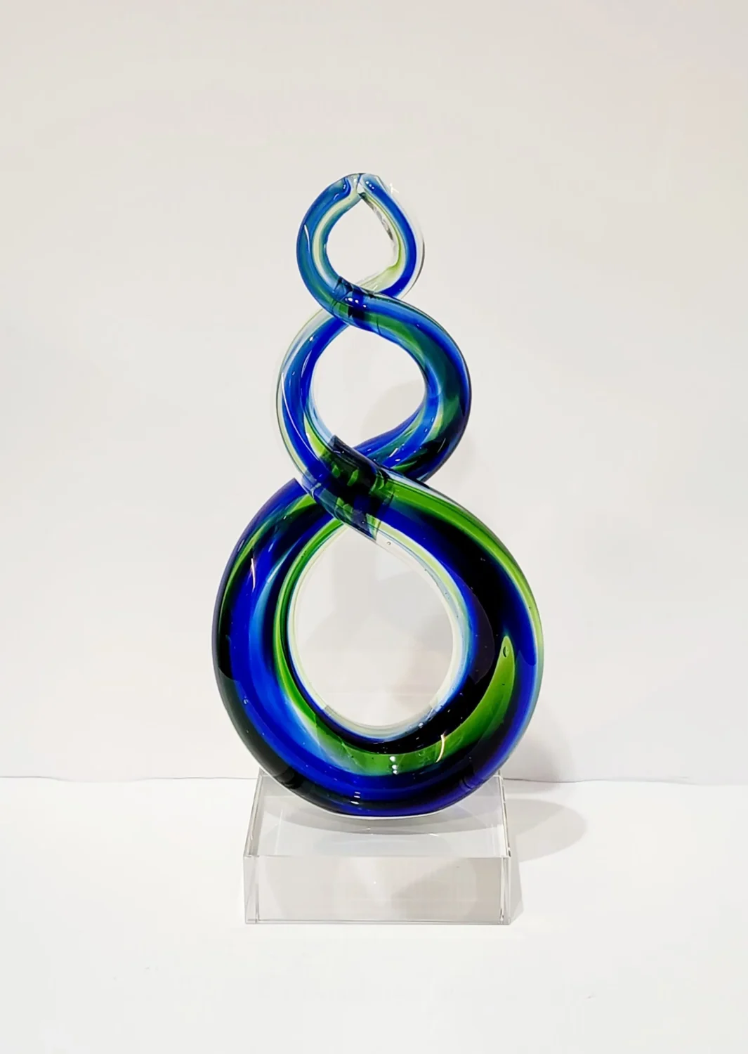 Beautiful Maori Design Double Twist Green & Blue Glass Award / Trophy - 280mm High