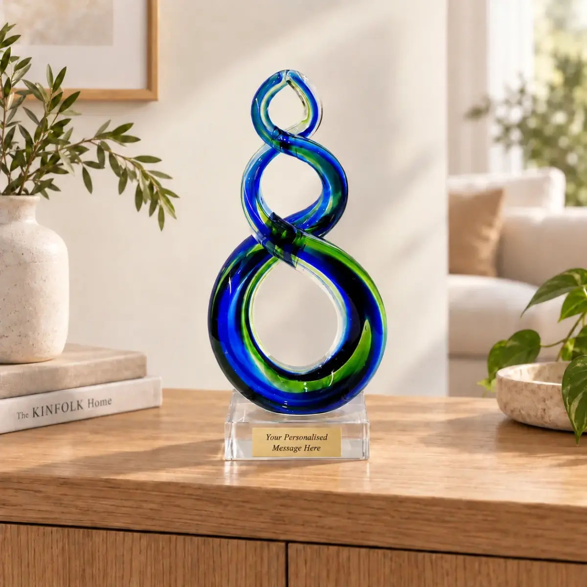 Beautiful Maori Design Double Twist Green & Blue Glass Award / Trophy - 280mm High