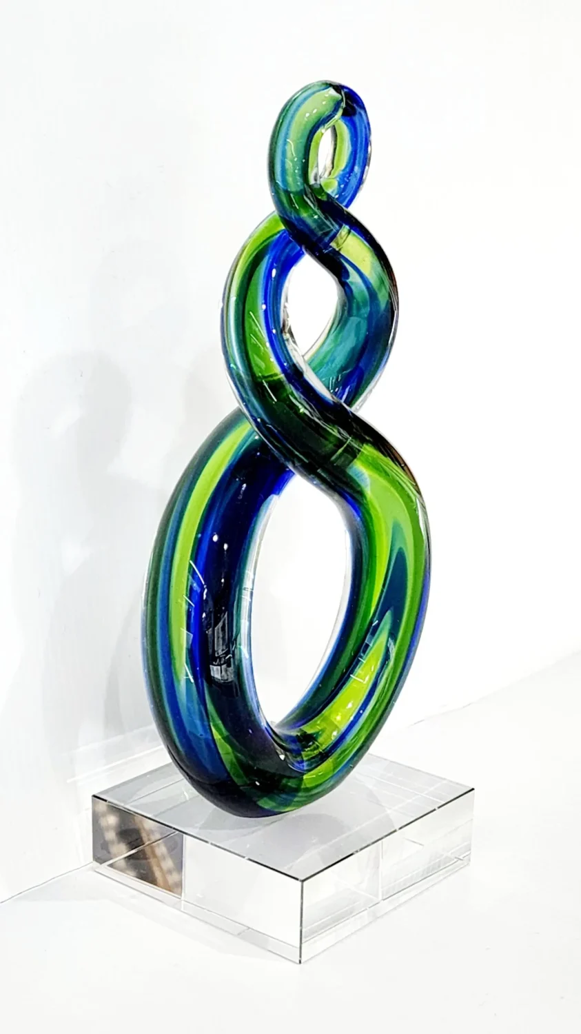 Beautiful Maori Design Double Twist Green & Blue Glass Award / Trophy - 250mm High