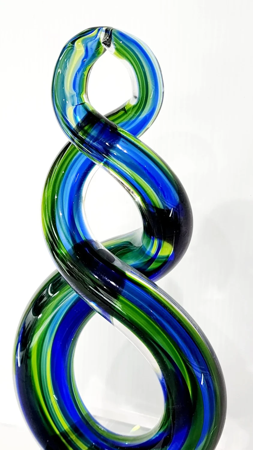 Beautiful Maori Design Double Twist Green & Blue Glass Award / Trophy - 250mm High