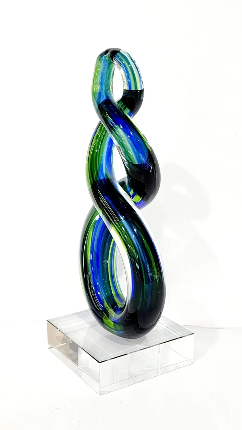 Beautiful Maori Design Double Twist Green & Blue Glass Award / Trophy - 250mm High