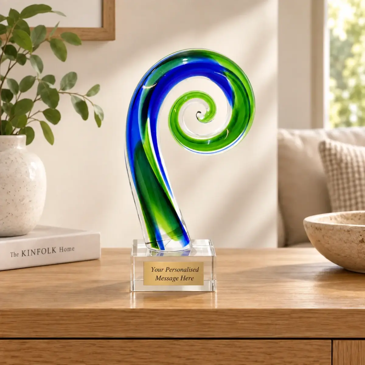 Beautiful Maori Design Koru - Punga Green & Blue Glass Award / Trophy - 170mm High