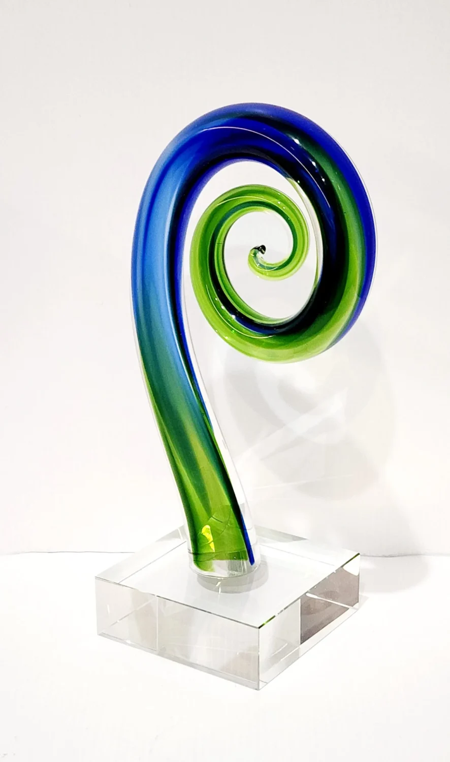 Beautiful Maori Design Koru - Punga Green & Blue Glass Award / Trophy - 230mm High