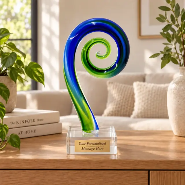 Beautiful Maori Design Koru - Punga Green & Blue Glass Award / Trophy - 230mm High
