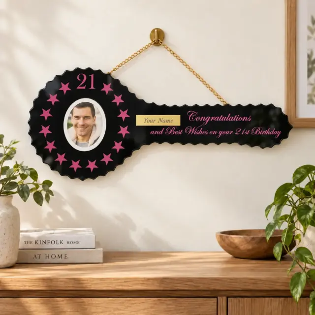 Black Glass 21st Birthday Key with 15 Purple Stars & Personalised Photo - SJ2604