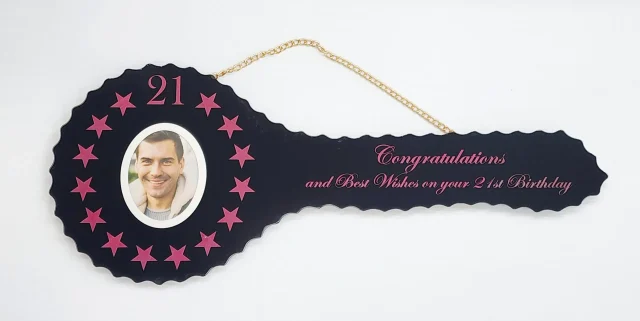 Black Glass 21st Birthday Key with 15 Purple Stars & Personalised Photo - SJ2604