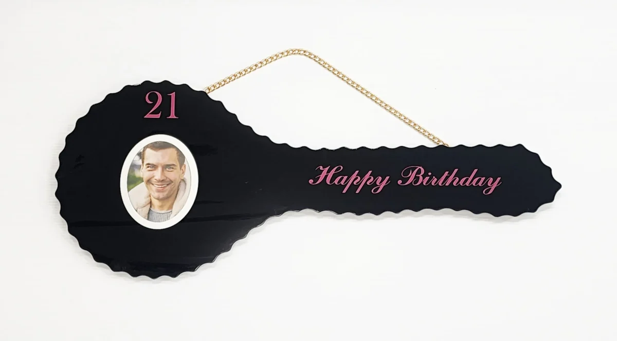 Black Glass 21st Birthday Key with Purple Writing & Personalised Photo – SJ2603