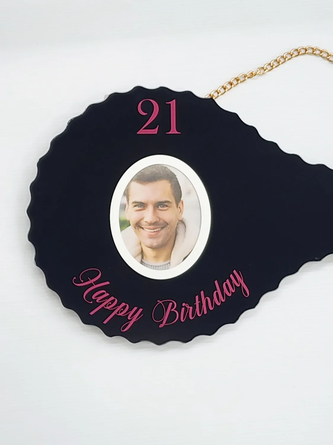 Black Glass 21st Birthday Key with Purple Writing & Photo – SJ2602