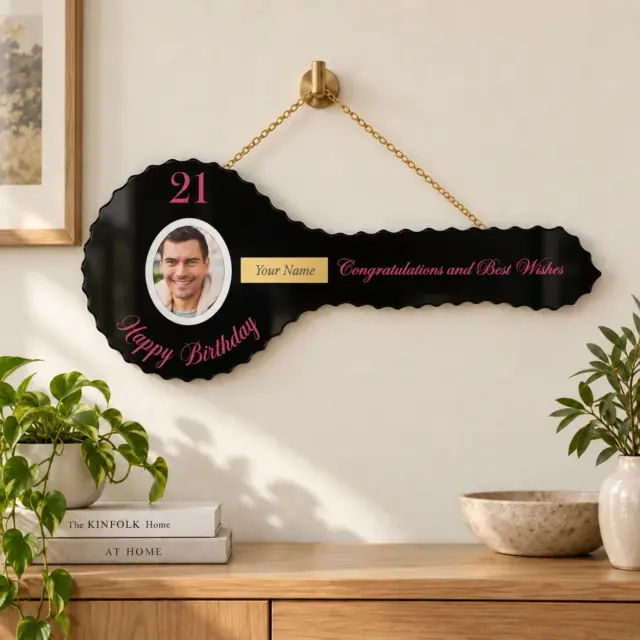 Black Glass 21st Birthday Key with Purple Writing & Photo – SJ2602