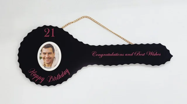Black Glass 21st Birthday Key with Purple Writing & Photo – SJ2602