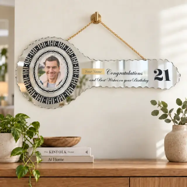 Black Print Fijian Design Mirrored/Glass Photo 21st Birthday Key - SJ2507