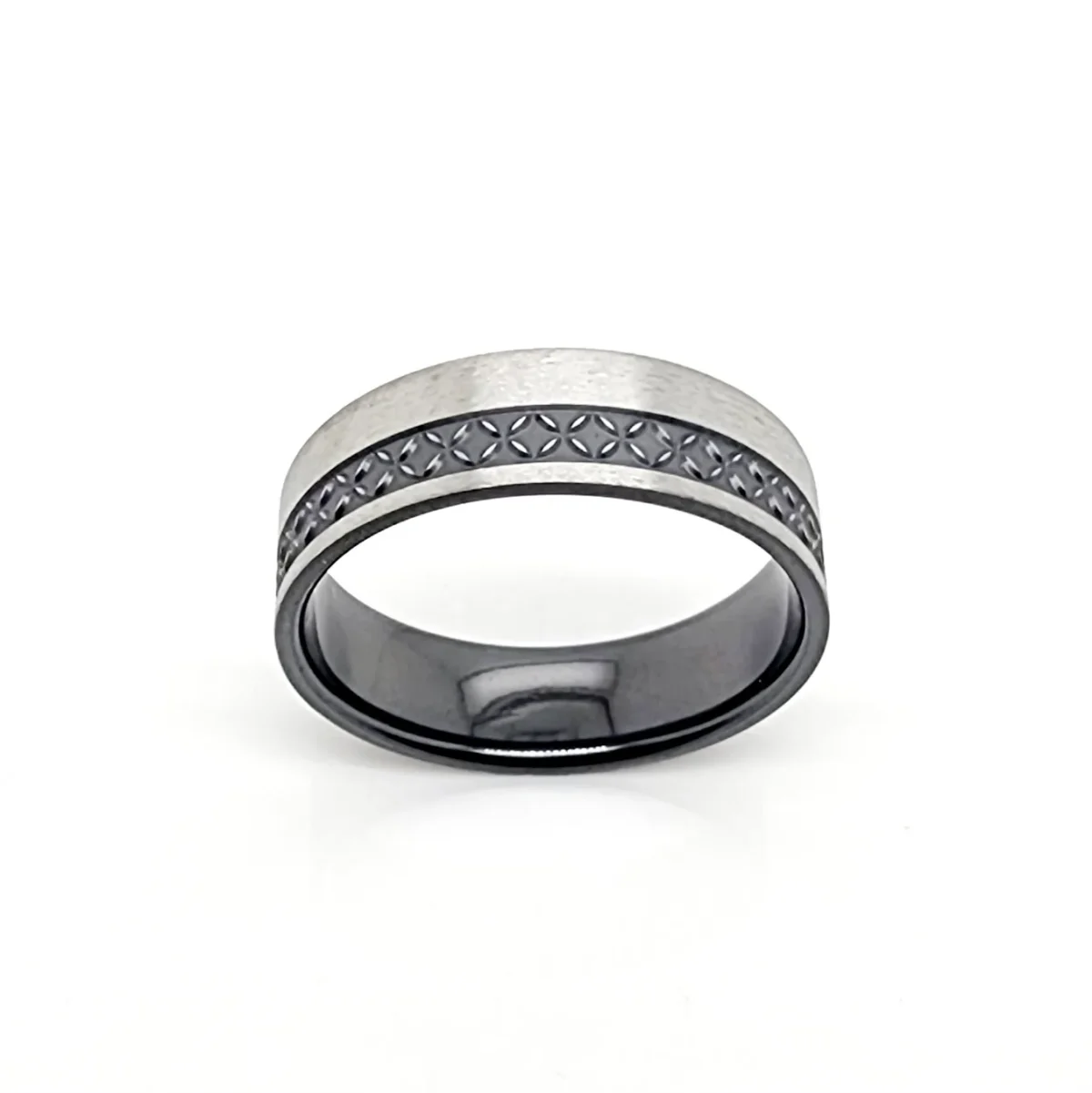 Black Zirconium Band 7mm Wide with Polynesian Inspired Patterns Engraved