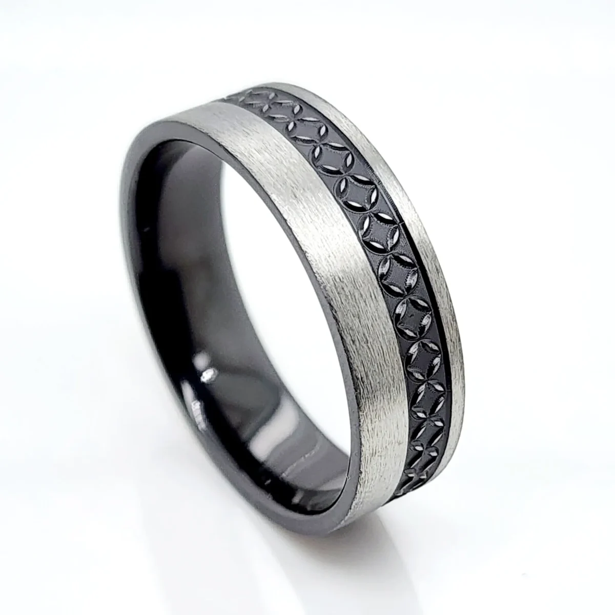 Black Zirconium Band 7mm Wide with Polynesian Inspired Patterns Engraved