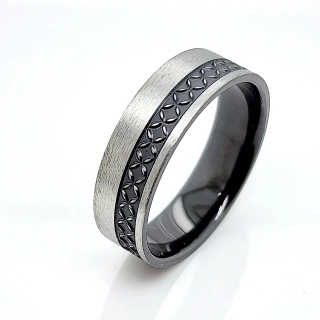 Black Zirconium Band 7mm Wide with Polynesian Inspired Patterns Engraved