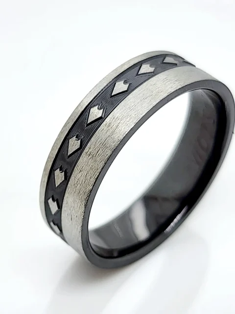 Black Zirconium Band 7mm Wide with Polynesian Inspired Patterns Engraved