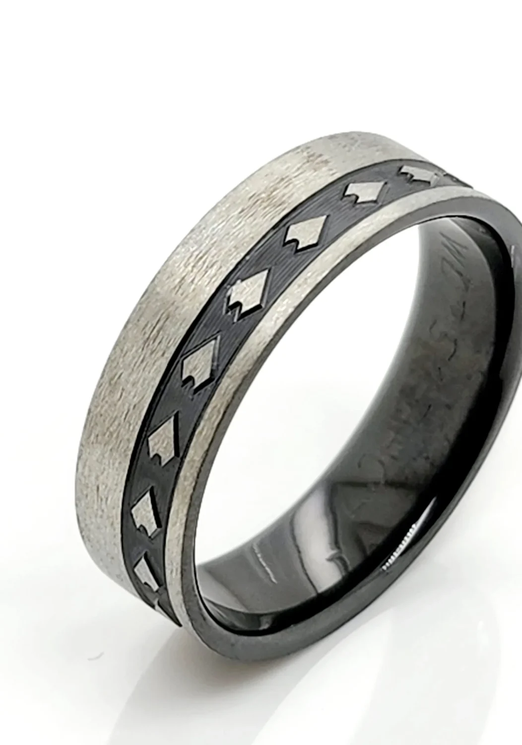 Black Zirconium Band 7mm Wide with Polynesian Inspired Patterns Engraved