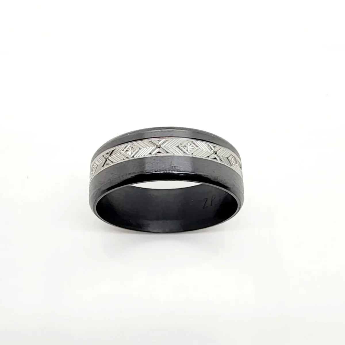 Black Zirconium Band 8mm Wide with Greek Inspired Patterns Engraved