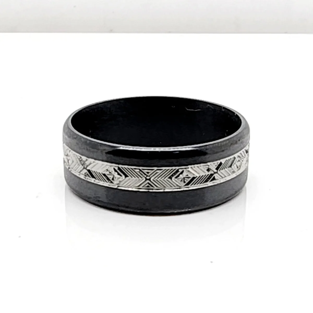 Black Zirconium Band 8mm Wide with Greek Inspired Patterns Engraved