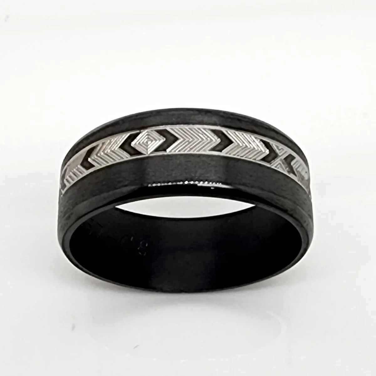 Black Zirconium Band 8mm Wide with Greek Inspired Patterns Engraved