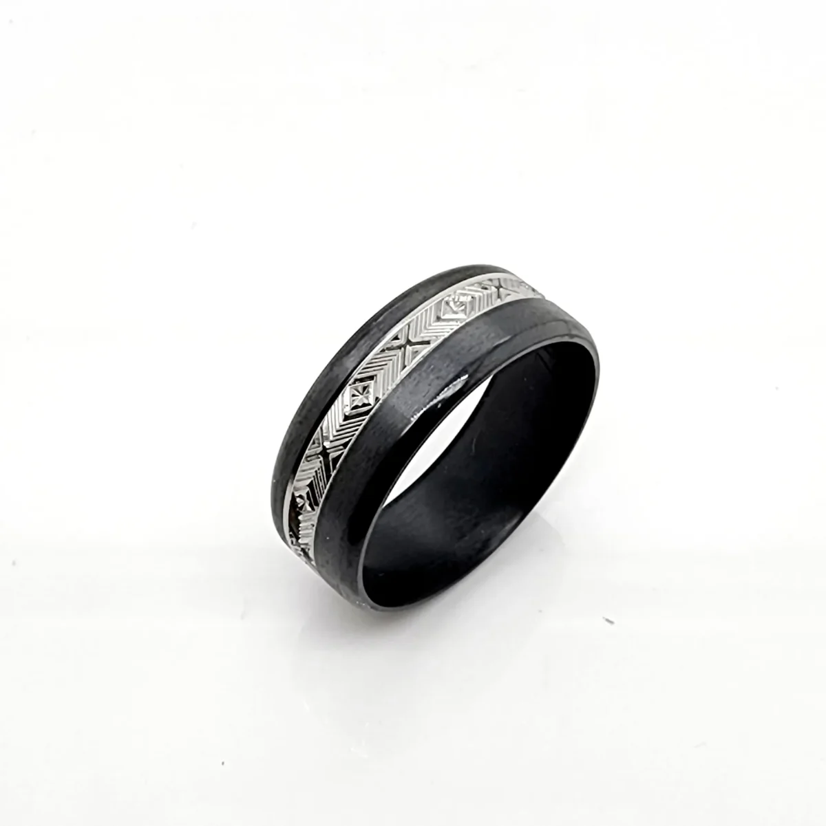 Black Zirconium Band 8mm Wide with Greek Inspired Patterns Engraved