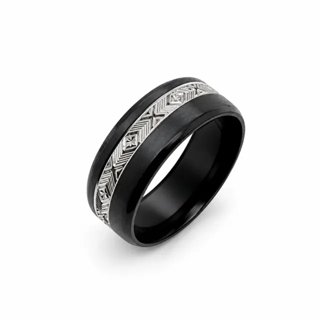 Black Zirconium Band 8mm Wide with Greek Inspired Patterns Engraved
