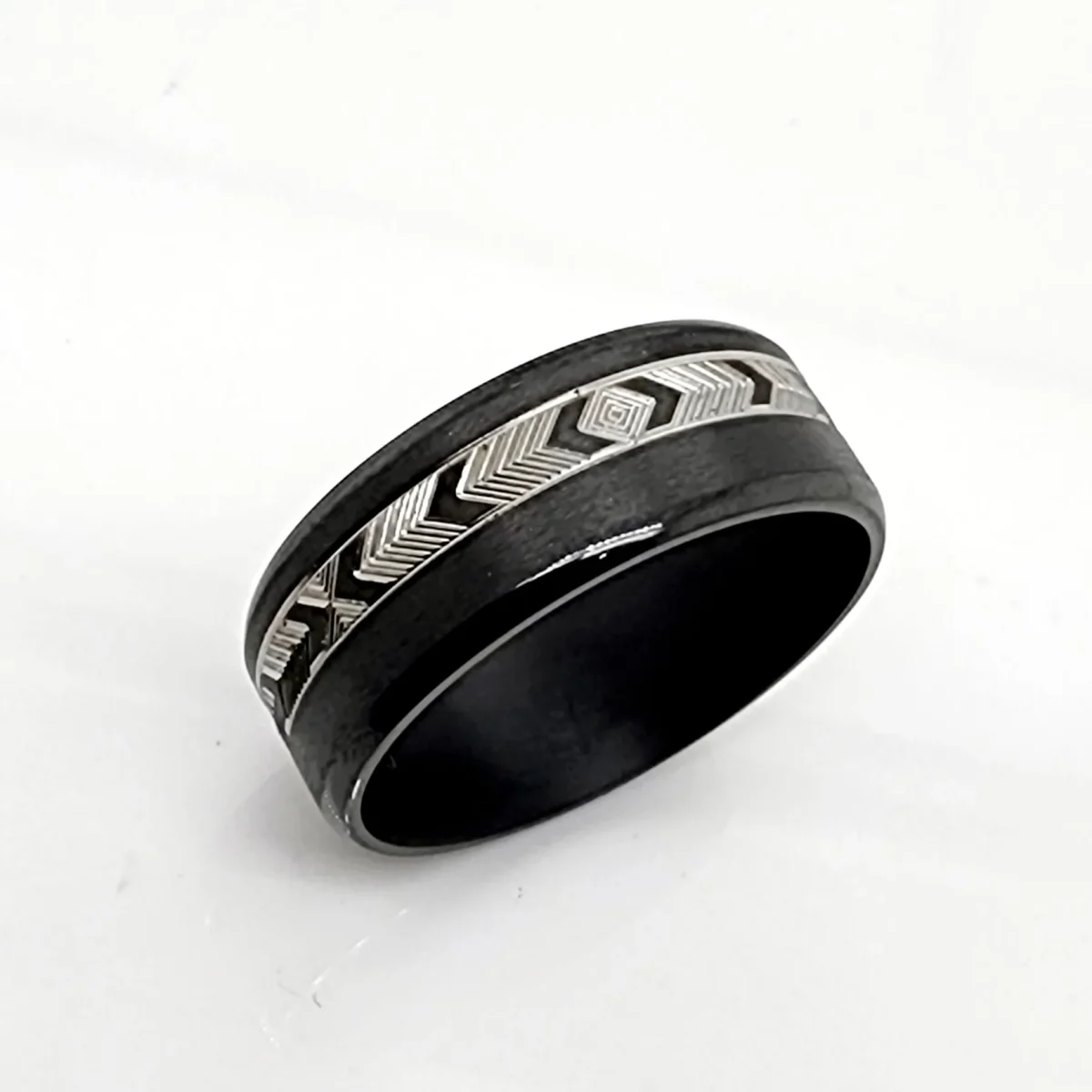 Black Zirconium Band 8mm Wide with Greek Inspired Patterns Engraved