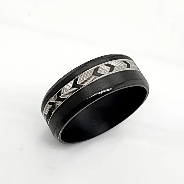 Black Zirconium Band 8mm Wide with Greek Inspired Patterns Engraved