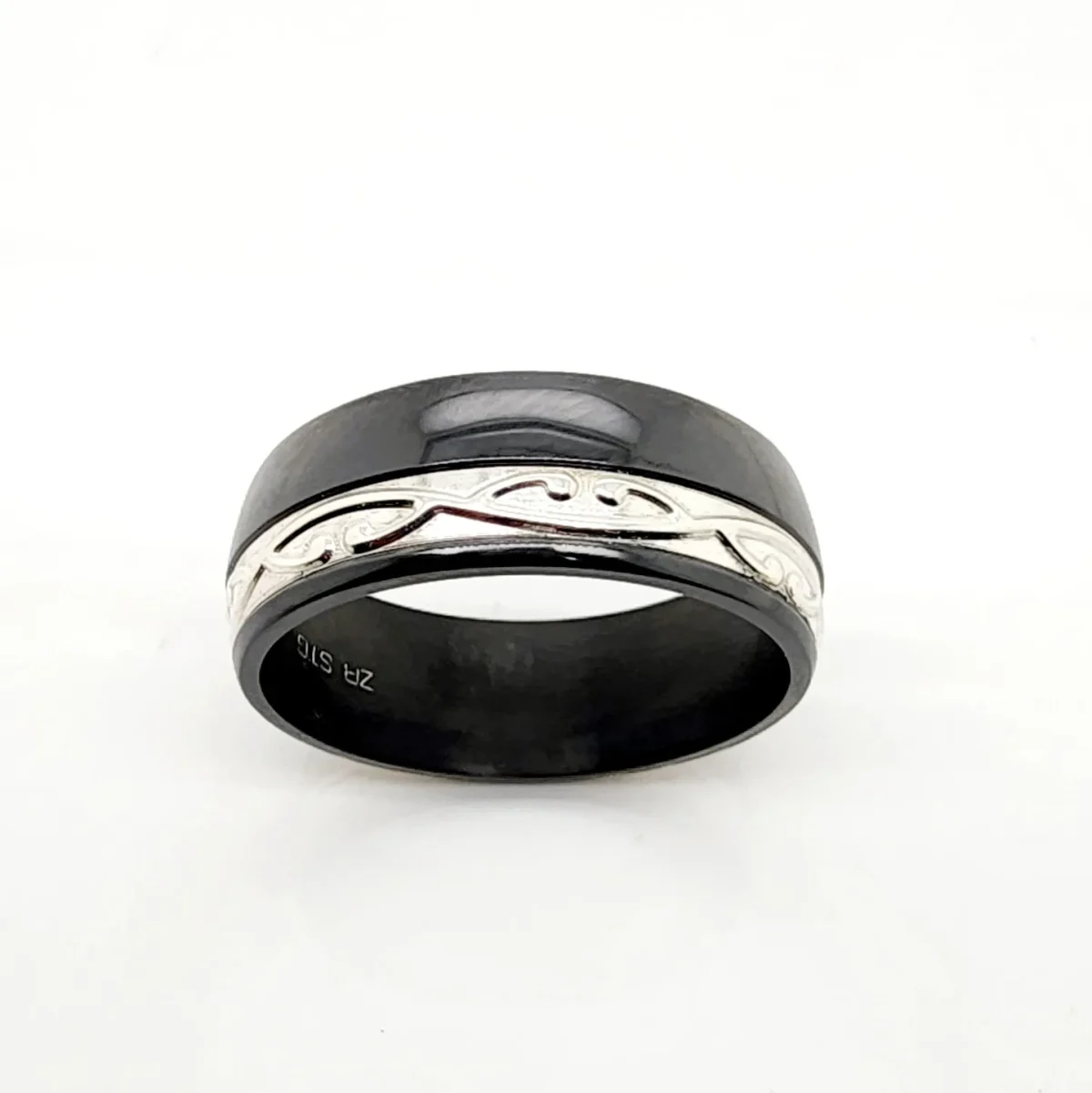 Black Zirconium Band 8mm Wide with Sterling Silver Design Band Insert