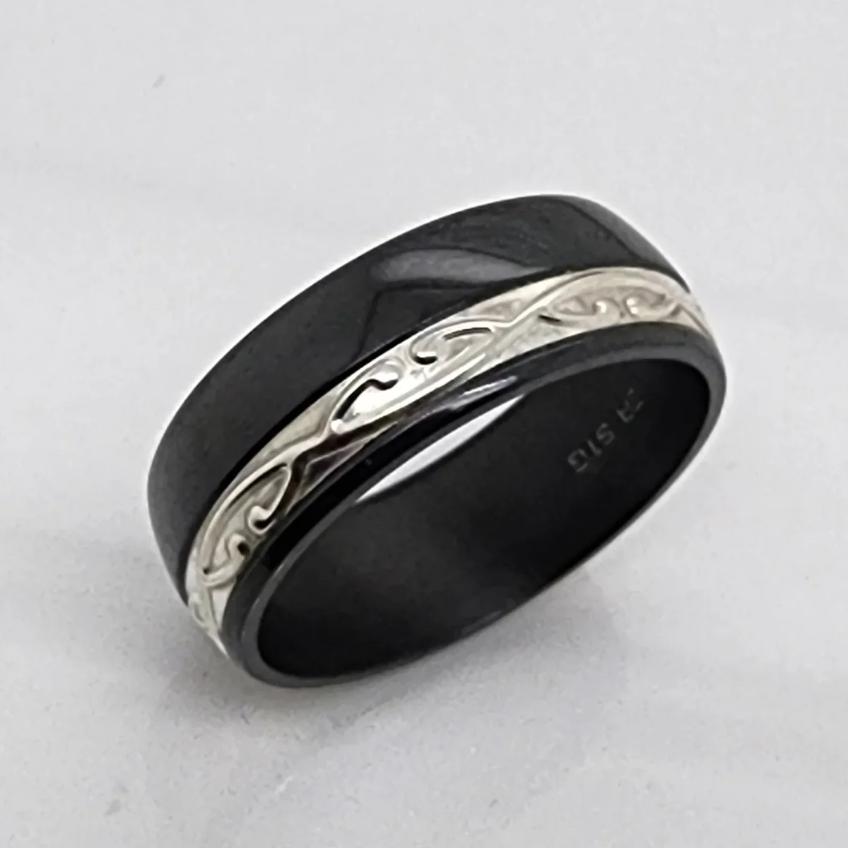 Black Zirconium Band 8mm Wide with Sterling Silver Design Band Insert