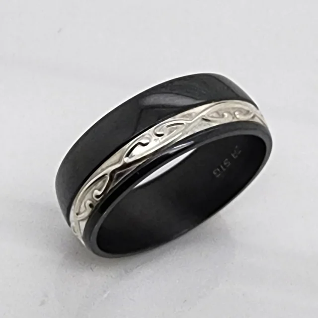 Black Zirconium Band 8mm Wide with Sterling Silver Design Band Insert