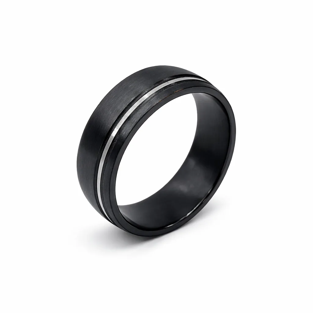 Black Zirconium Half Round Ring with Silver-Grey Groove, 8.3mm Modern Men’s Wedding Band - WD658Z-C8-MD-ZB