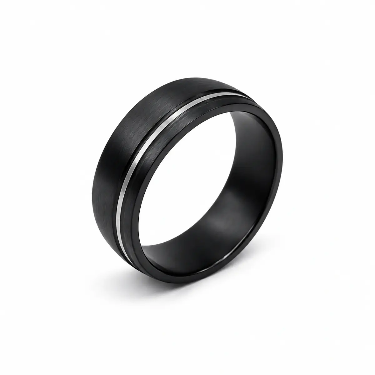 Black Zirconium Half Round Ring with Silver-Grey Groove, 8.3mm Modern Men’s Wedding Band - WD658Z-C8-MD-ZB