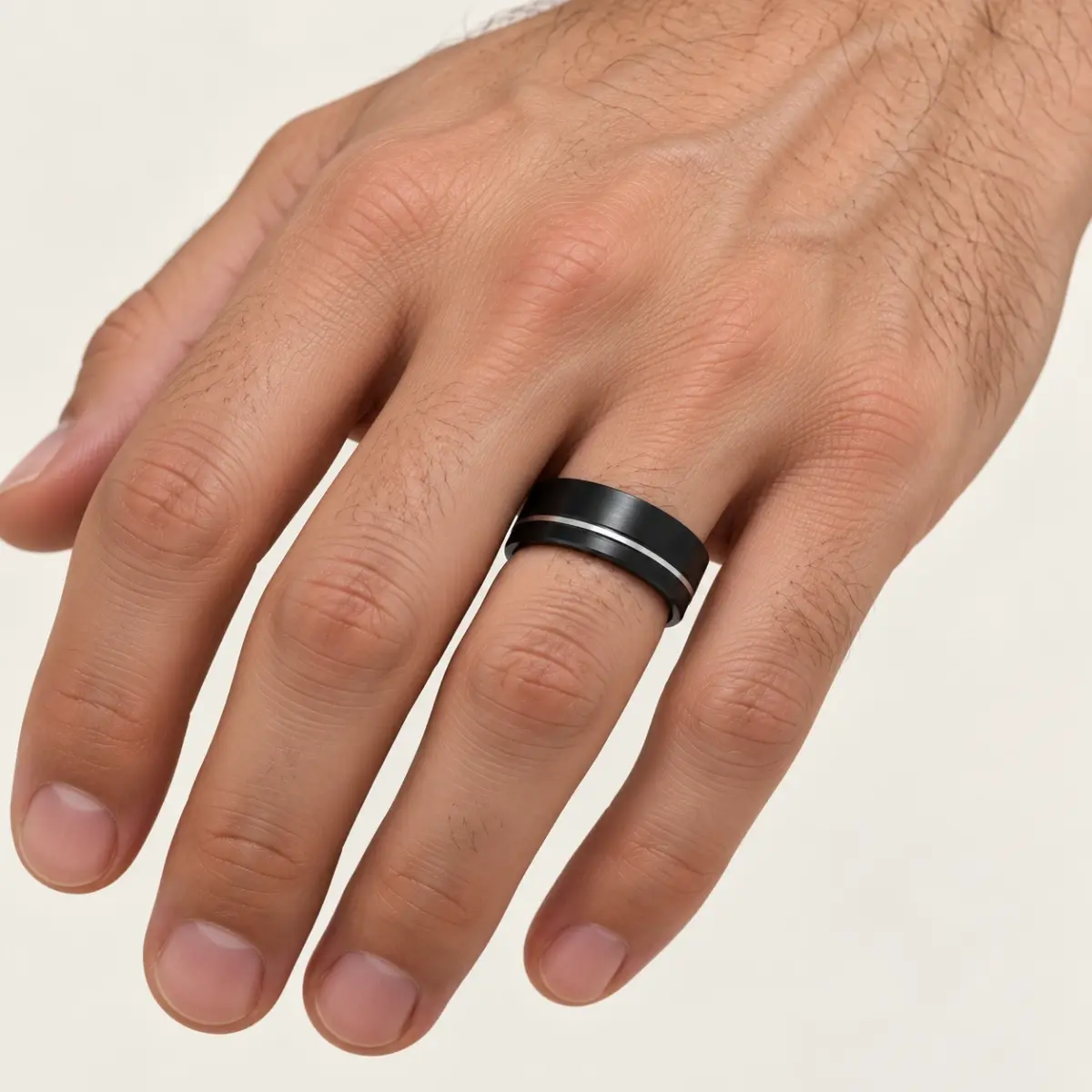 Black Zirconium Half Round Ring with Silver-Grey Groove, 8.3mm Modern Men’s Wedding Band - WD658Z-C8-MD-ZB