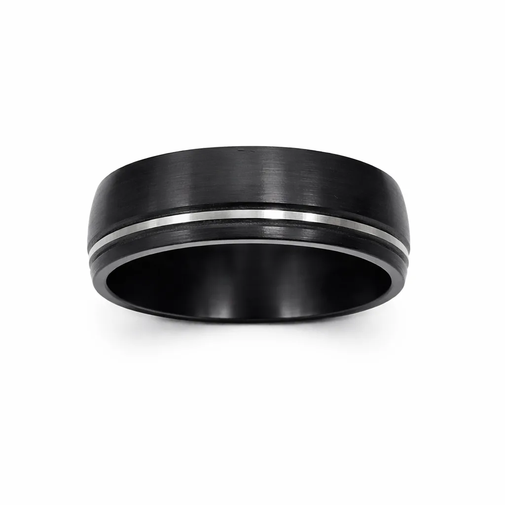 Black Zirconium Half Round Ring with Silver-Grey Groove, 8.3mm Modern Men’s Wedding Band - WD658Z-C8-MD-ZB