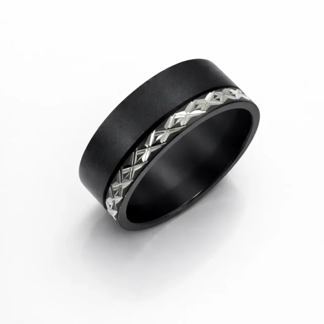 Black Zirconium Hand-Carved Ring – 8mm Matte Finish with Silver-Grey Pattern Inlay - WD27TNZ-C8-LG-ZB