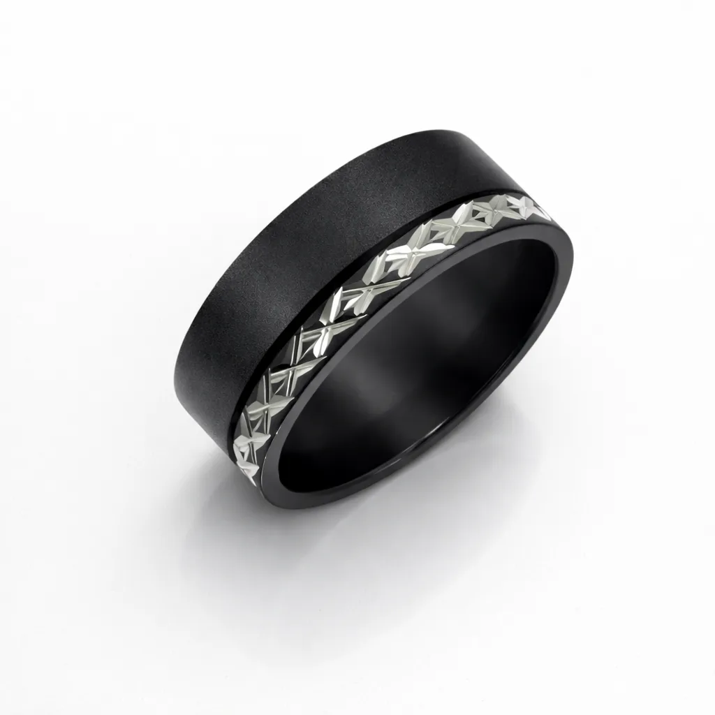 Black Zirconium Hand-Carved Ring – 8mm Matte Finish with Silver-Grey Pattern Inlay - WD27TNZ-C8-LG-ZB