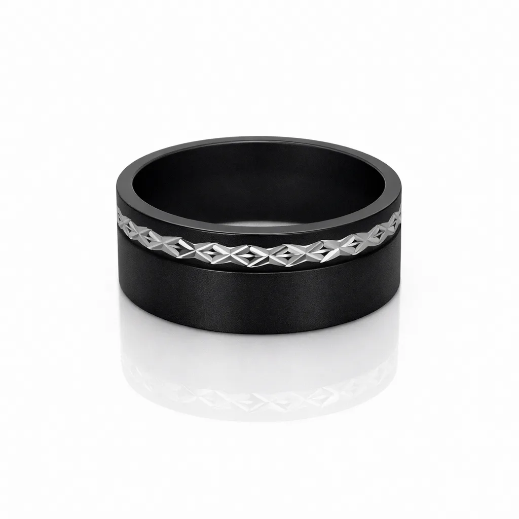 Black Zirconium Hand-Carved Ring – 8mm Matte Finish with Silver-Grey Pattern Inlay - WD27TNZ-C8-LG-ZB